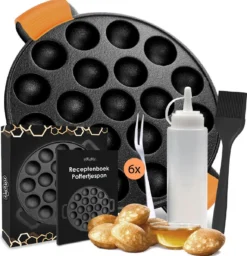 Uitgelichte producten 14 Ocina Poffertjespan – Combo Pack – 19 Poffertjes – Poffertjesmaker – Poffertjespan Inductie – Poffertjespan Electrisch – Gietijzeren Pan - Inclusief Doseerfles, Handvaten, 6x Poffertjesvorken En Invetkwast – Gratis Receptenboek