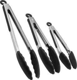 3x Keukentang RVS - Serveertang - BBQ Tang - Barbequetang - Vleestang - 3 Handige Maten - 33 Cm 27 Cm En 20 Cm - Zwart