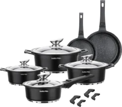 Alternative view of Swiss Pro+ | Set 14 Delige Pannenset | Inductie - Pannensets - Glazen Deksel - Met Afneembare Handgreep - Marmeren Interieur -PFAS-vrij | Black (Zwart)
