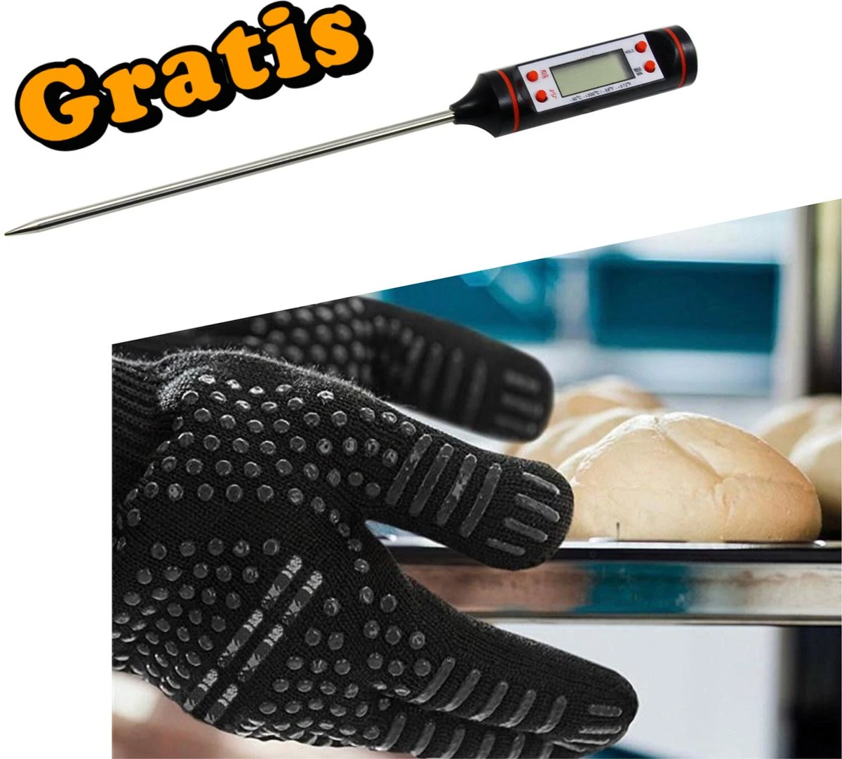 BBQ Ovenwanten- Met Gratis Vleesthermometer– Hittebestendige Handschoenen - Ovenhandschoenen - Barbecue Handschoen – Grill & Oven Want – Koken Accessoires - Vuurkorf En Openhaard - Gloves - Barbeque Keukenaccessoires -Zwart – 2 Stuks 1 BBQ Ovenwanten- Met Gratis Vleesthermometer– Hittebestendige Handschoenen - Ovenhandschoenen - Barbecue Handschoen – Grill & Oven Want – Koken Accessoires - Vuurkorf En Openhaard - Gloves - Barbeque Keukenaccessoires -Zwart – 2 Stuks