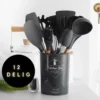 Keukengerei Set - Keukengerei Houder - Keukengerei Set Met Houder - 12 Delig - Antraciet Zwart - Houten Steel - Siliconen - Kerstcadeau - Fienosa