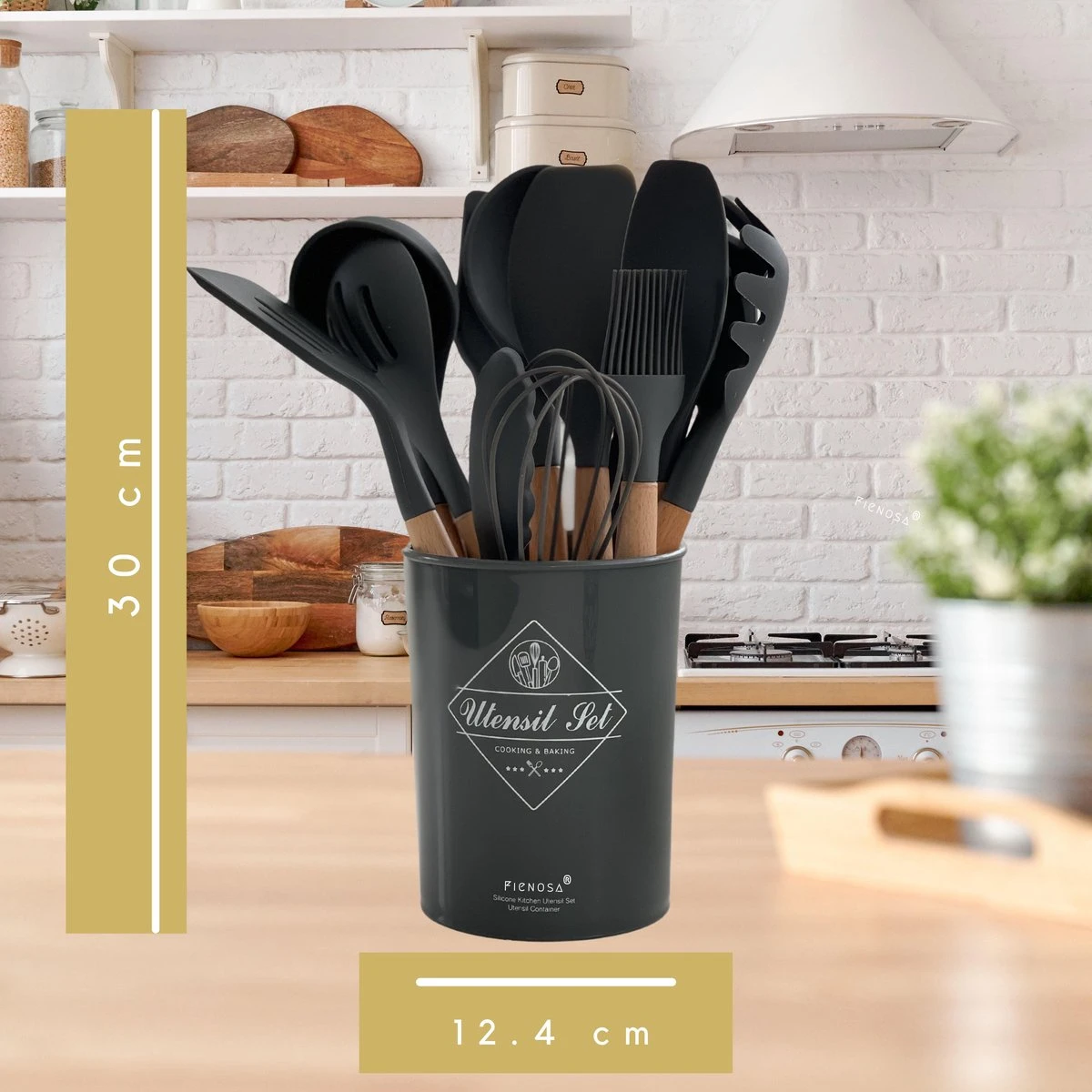 Keukengerei Set - Keukengerei Houder - Keukengerei Set Met Houder - 12 Delig - Antraciet Zwart - Houten Steel - Siliconen - Kerstcadeau - Fienosa 7 Keukengerei Set - Keukengerei Houder - Keukengerei Set Met Houder - 12 Delig - Antraciet Zwart - Houten Steel - Siliconen - Kerstcadeau - Fienosa - Afbeelding 7